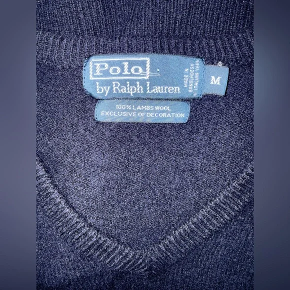 POLO - RALPH LAURENVintage Navy V-Neck Wool Sweater. Sz. M